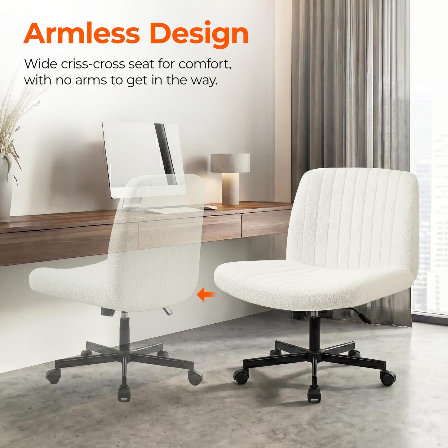 Orange Factory Criss Cross Chair Wheels Vanity Chair Office Desk Comfy Wide Cross Legged Armless Teddy Fabric Adjustable Swivel for Home Computer Task (White, Teddy Fleece)