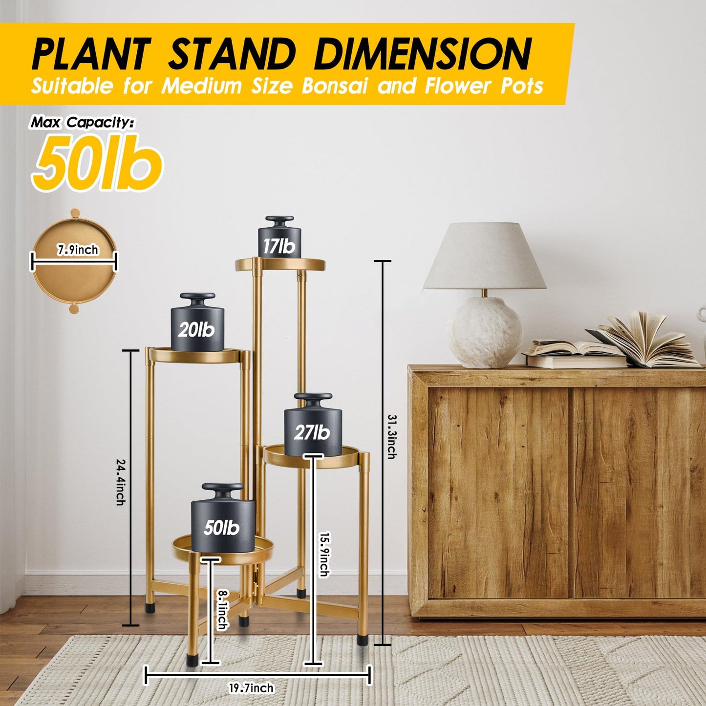 HOEGMST 4 Tier Plant Stand Indoor Outdoor, 31 Inch Tall Metal Plant Shelf Waterproof, Plant Holder with Folding Design For Home, Living Room, New Upgrate Gold