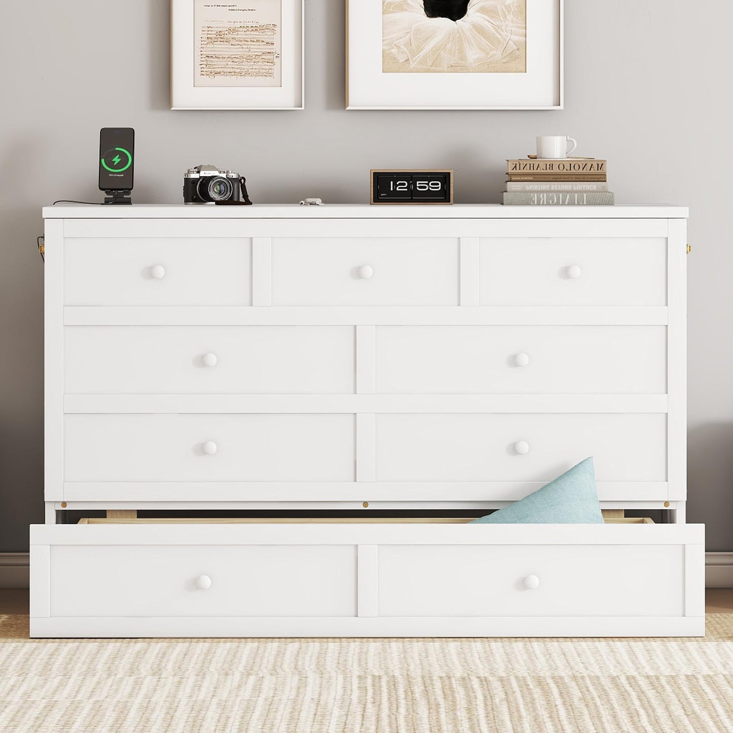 KEIKI Queen Murphy Bed Cabinet with Storage Drawer and Charging Station, USB Port, Solid Pine Murphy Bedframe for Home Office, Studio or Guest Room,White
