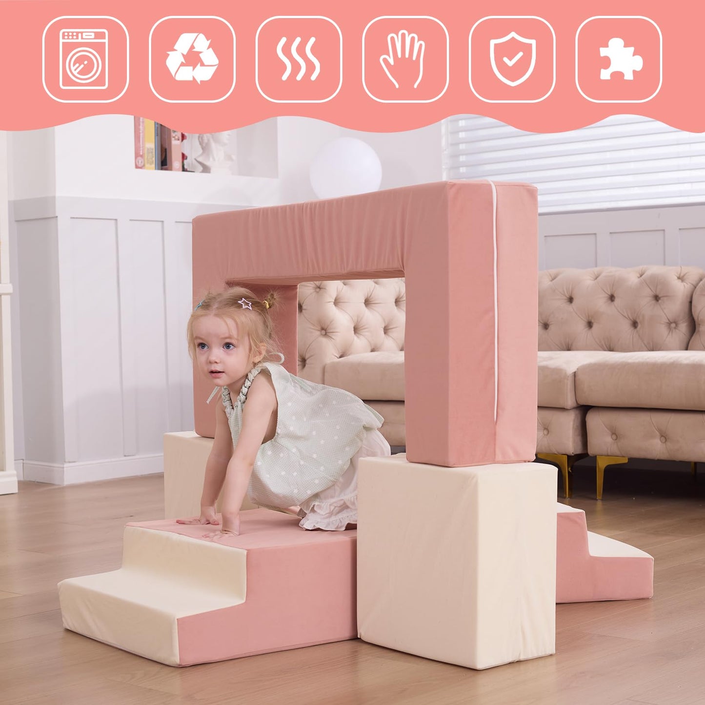 HAHASOLE Kids Couch, Modular Toddler Couch for Playroom, Kids Sofa with Ottomans, Foam Play Blocks with Stair and Ramp, Convertible Plush Sofa, Removable Cover