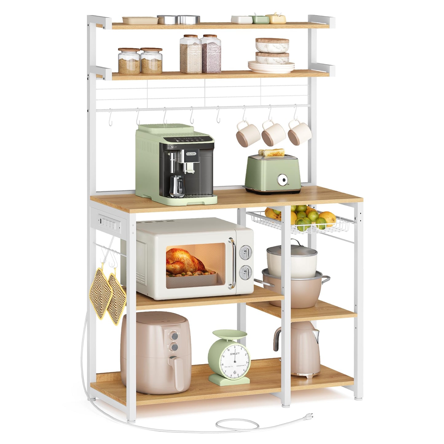 VASAGLE Bakers Rack with Power Outlet, 35.4 Inches Microwave Stand, Coffee Bar, 4 AC Outlets, with Adjustable Shelves, 8 S-Hooks, Basket, Spice Racks, Golden Oak and Cloud White UKKS031Y09