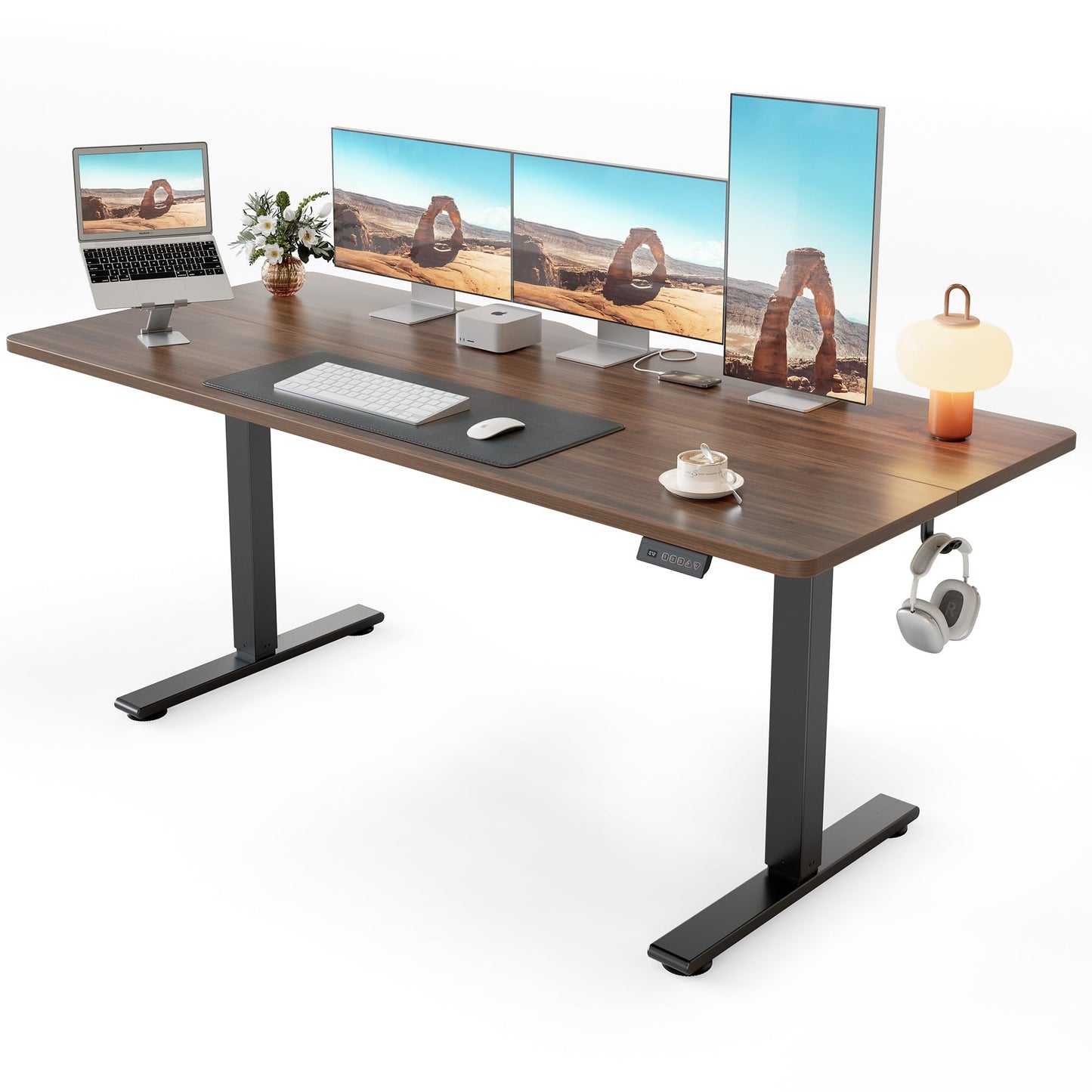 Cubiker Standing Desk, 63x28 Inches Sit Stand Home Office Desk, Electric Stand up Desk, Adjustable Desk with Splice Board, Black Frame/Black Walnut Top