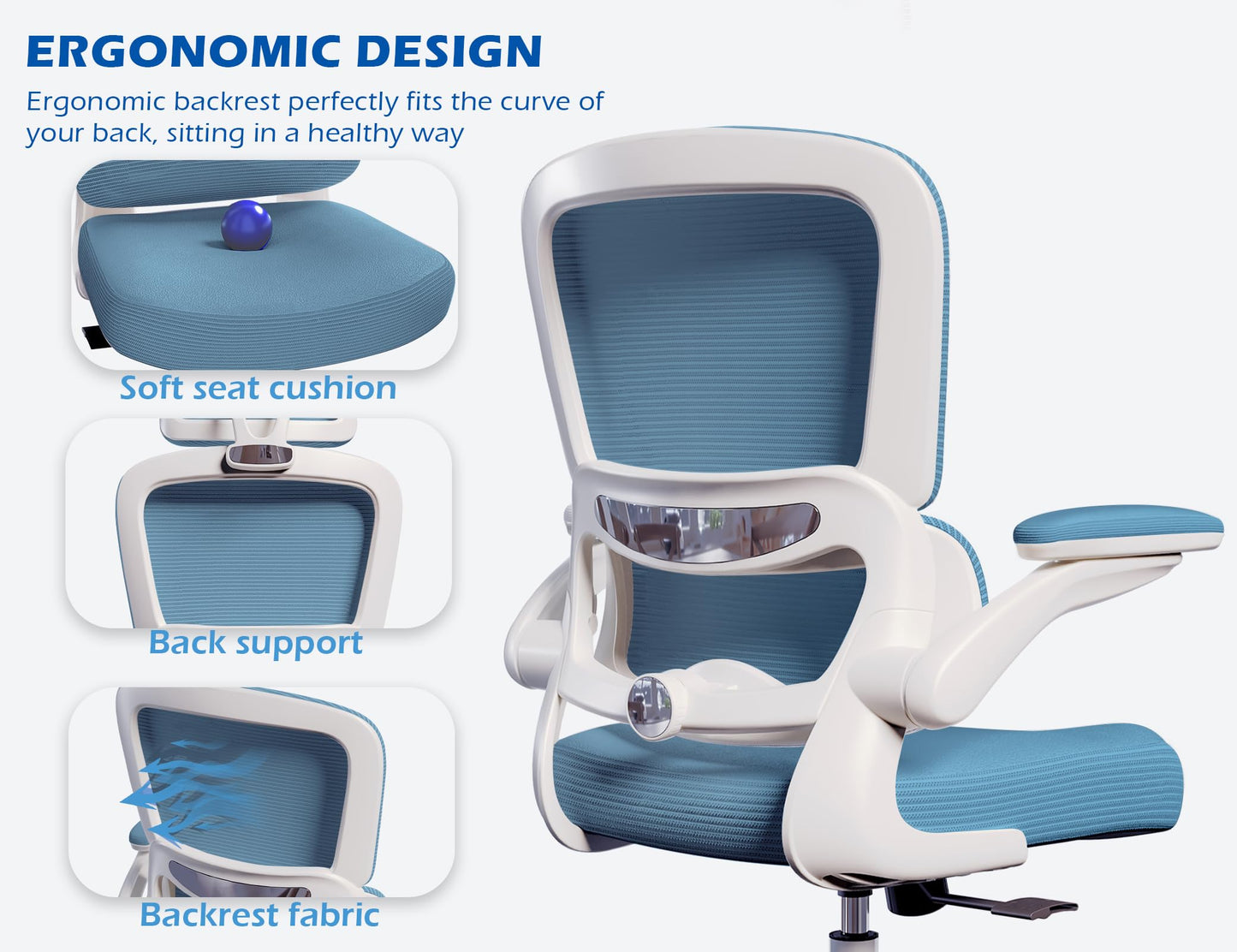 TRALT Ergonomic Office Chair - Desk Chair with Adjustable Lumbar Support Computer Chair - Mesh Comfy Chair with Flip-up Armrests - Gaming Chairs for Adults Home Office (PU Leather, Sky Blue)