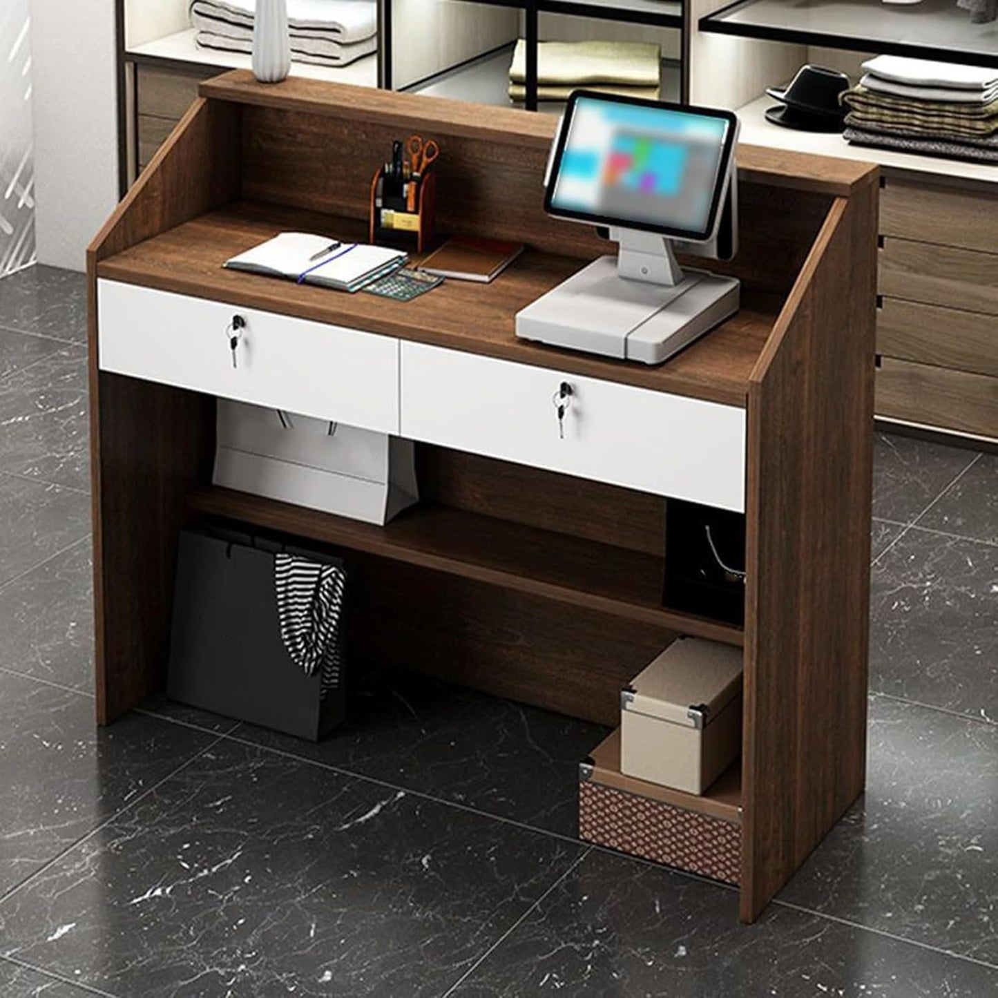 Wall Mounted Folding Table Floating Table Adjustable Steel Bracket,Compact Reception Desk for Commercial Use, Modern Welcome Counter with Lockable Drawers & Open Shelves, Ideal for Offices &