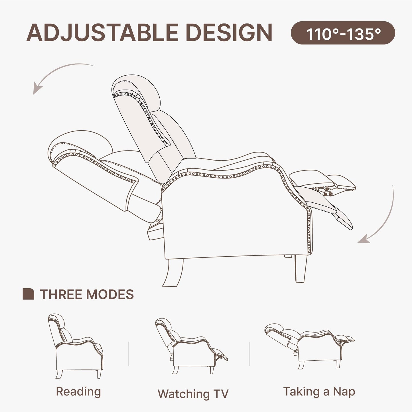 KISLOT Faux Leather Pushback Recliner Chair with Rivet Trim, Vintage Manual Accent Armchair, Single Sofa for Living Room Bedroom Office