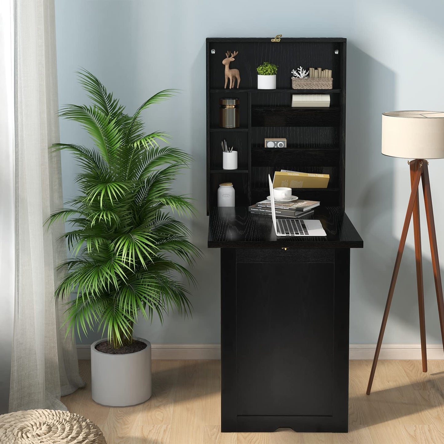GOFLAME Wall Mounted Folding Desk with 3-Tier Tilt Storage Partition and Adjustable Shelves, Space-Saving Convertible Writing Desk for Home Office, Black