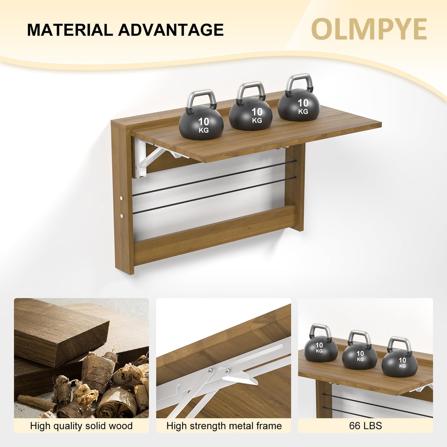 OLMPYE Wall Mounted Folding Table,Wooden Mounted Desk with Iron Bracket,Small Space Solutions,Floating Workbench Desk for Laundry Room, Room, Study