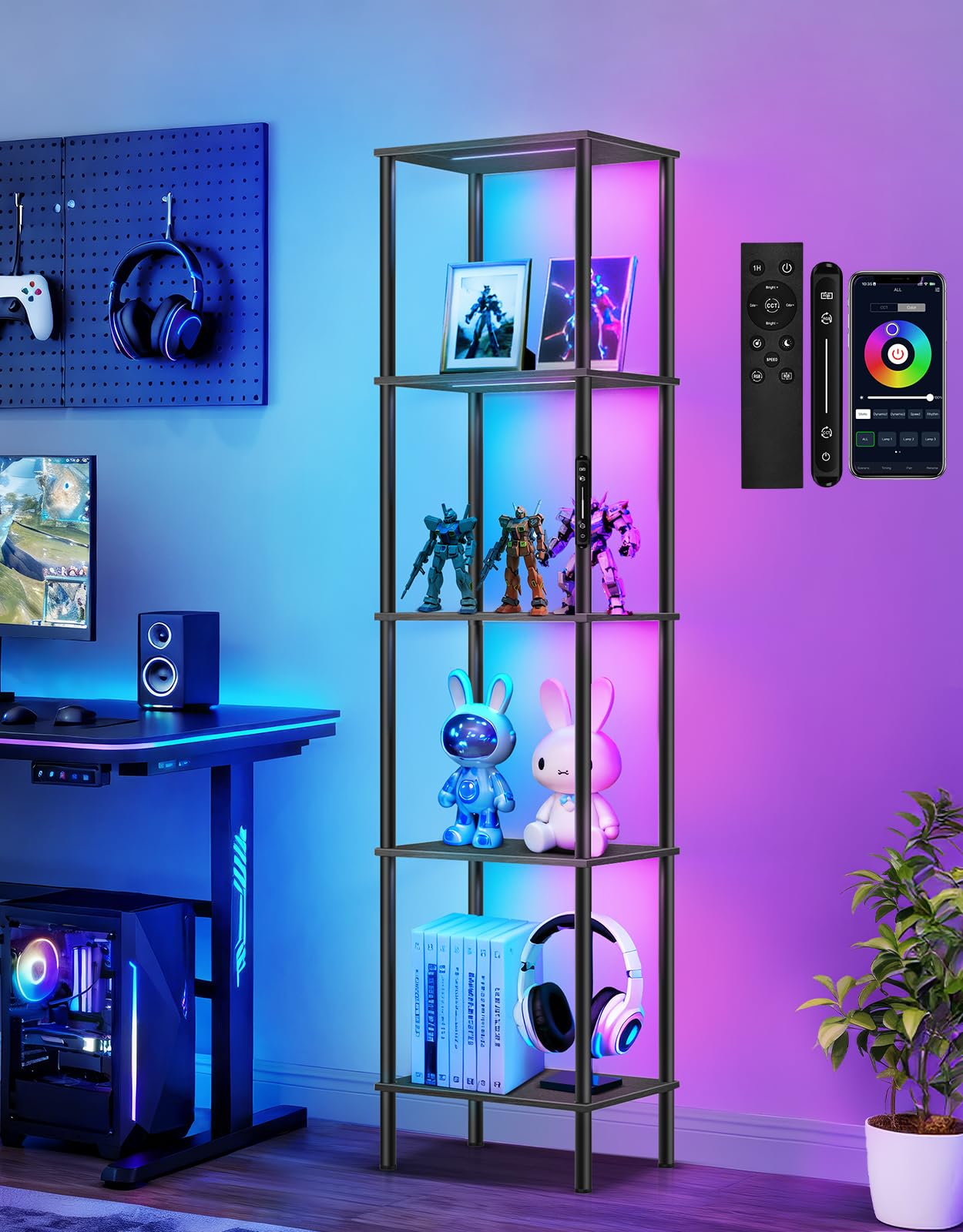 OUTONLIFE 5 Tier Display Shelves with RGB Lights, Display Cabinet with Touch & APP & Remote Control, Dimmable Bookshelf with Music Sync, Adjustable Color Lighting for Living Room, Bedroom(Black)