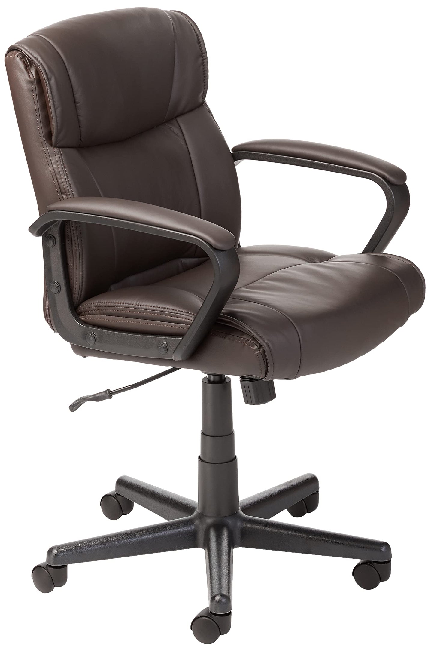 Amazon Basics Office Task Chair with Adjustable Height, 360° Swivel, Padded Armrests, Mid-Back, Rolling, 275 Pound Capacity, 24"D x 24.2"W x 34.8"H, BIFMA Certified, Dark Brown Faux Leather