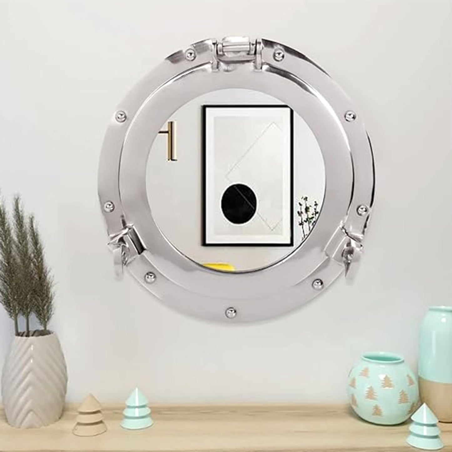 Handcrafted Trading Co. 11 Inch Nautical Porthole Mirror Chrome Finish – Decorative Rustic Accent Wall Mirror for Bathroom Living Room Bedroom Nautical Decor