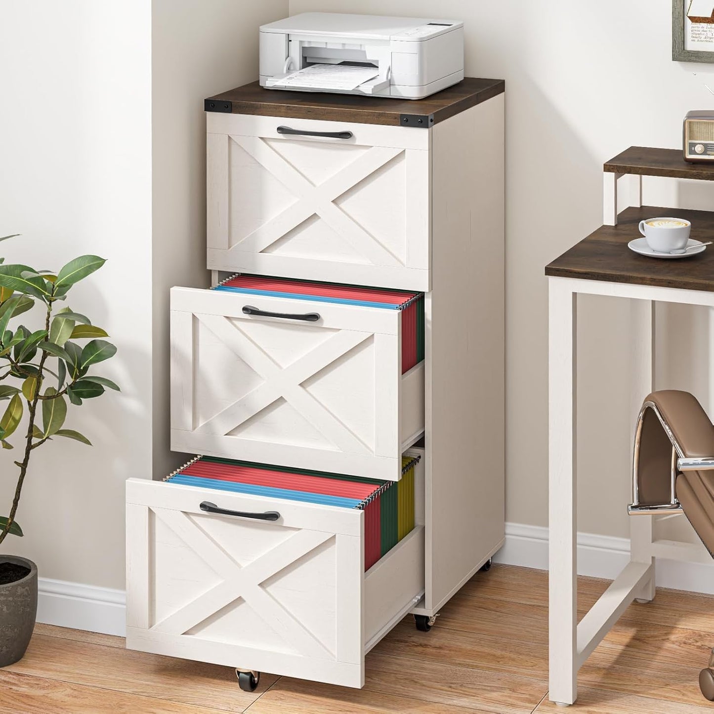 Halitaa 3 Drawer Tall File Cabinet with Wheels, Farmhouse Vertical Filing Cabinet Fits Letter/A4 Size, Rolling File Cabinets Wooden Printer Stand for Home Office, Rustic White and Brown