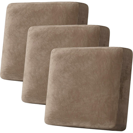 H.VERSAILTEX Velvet Stretch Couch Cushion Cover Plush Cushion Slipcover for Chair Loveseat Sofa Cushion Furniture Protector Seat Cushion Sofa Cover (3 Piece XL Sofa Cushion Covers, Camel)