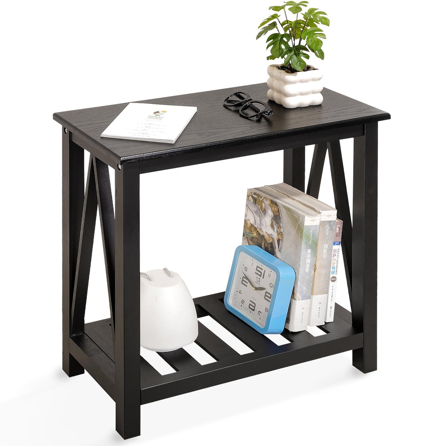 Narrow Side Table with Storage Shelf 2 Tier Wooden Nightstand Bedside Tables for Small Spaces Black Modern Accent Sofa Side Tables for Couch Living Room Bedroom Entryway