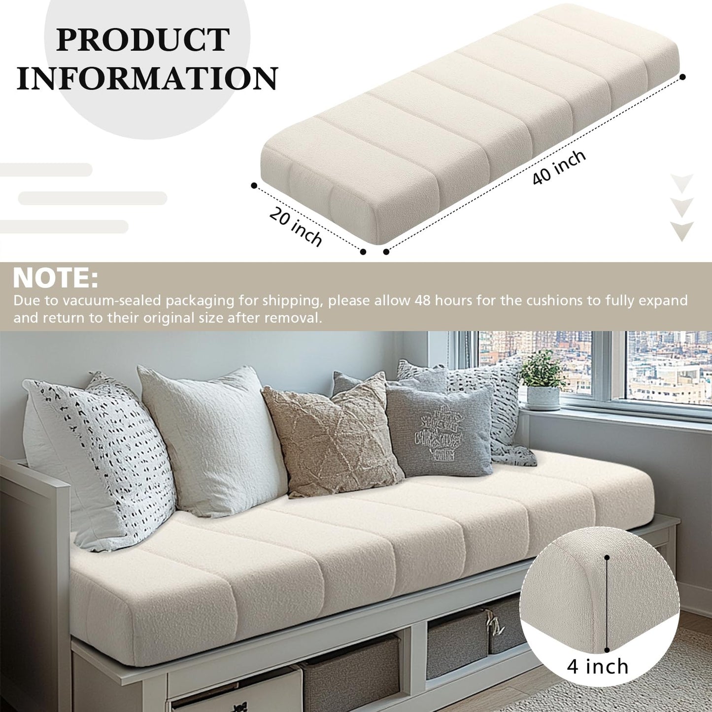 Wenqik Bench Cushion 40x20x4 Inch for Indoor Outdoor Furniture Tufted Thicken Bay Window Seat Cushion Non Slip Waterproof Dining Piano Bench Pad Pillow Anti Cat Scratch for Patio Porch Swing, Beige