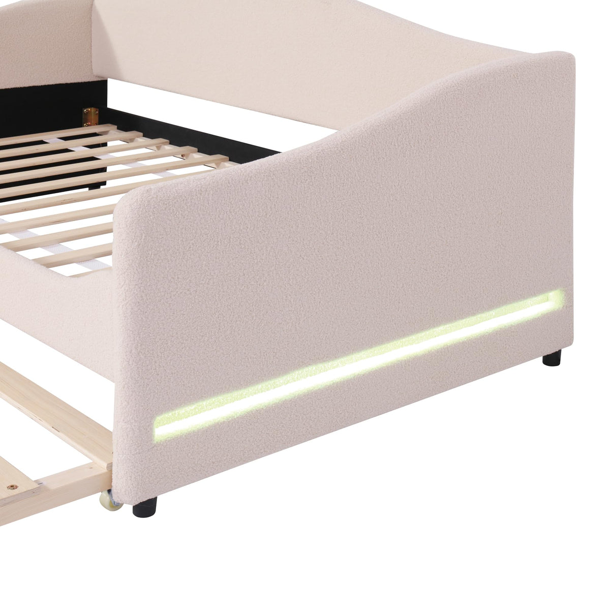 Twin Size Teddy Fleece Upholstered Daybed with Trundle and LED Lights, Daybed Frame with Stripe Design, Soft Fabric Sofa Bed with Slat Support, Space Saving Bed for Bedroom Living Room, White