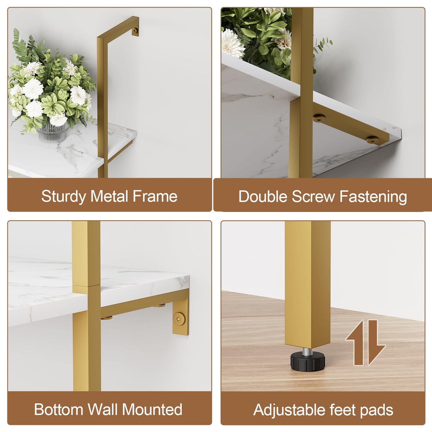 aboxoo Ladder Shelf White Marble Bookshelf 5-Tier Wall-Mounted Wood Rack Industrial Modern Plant Flower Stand Utility Organizer Open Bookcase Metal Frame Furniture Office Kitchen Bedroom