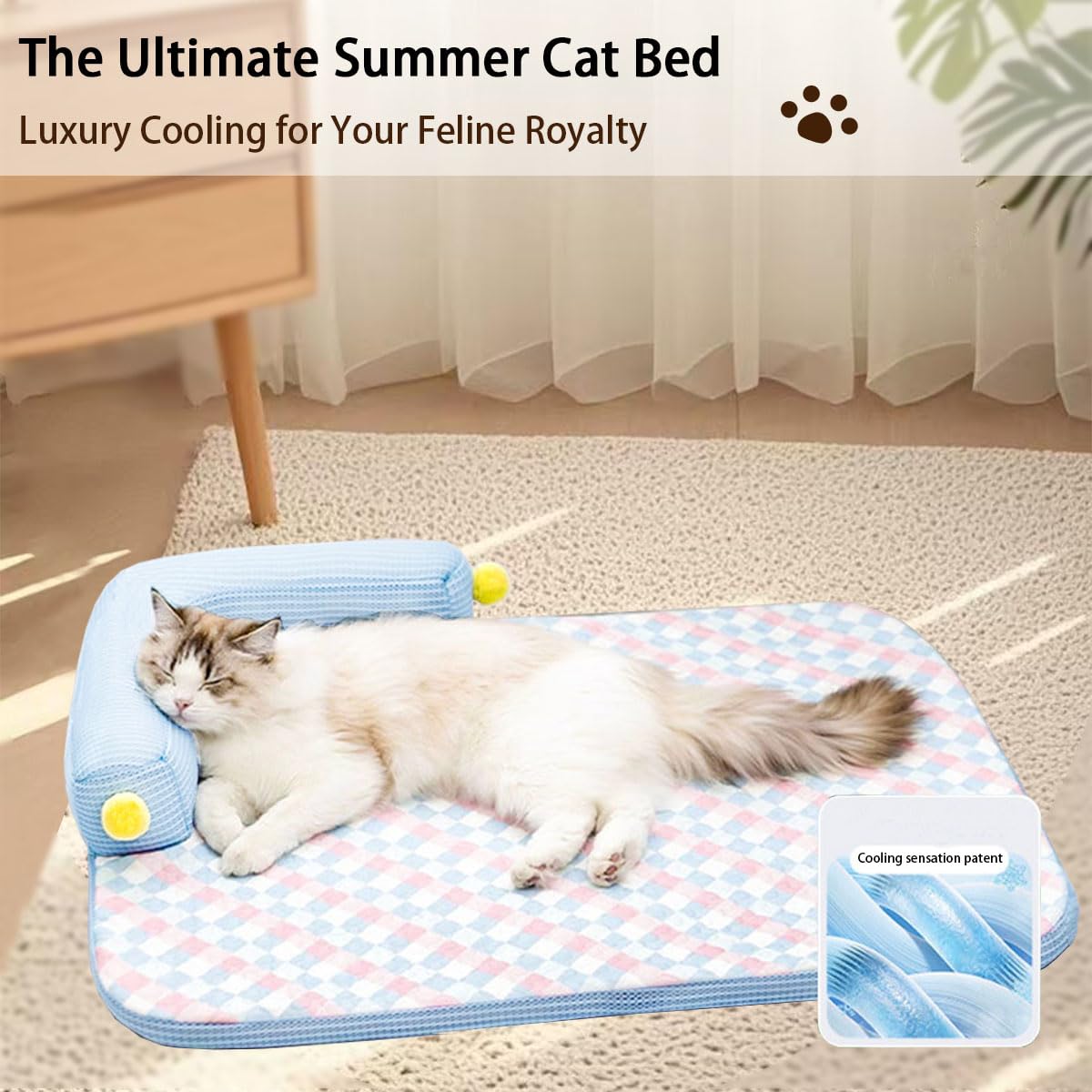 Zabplox Cooling Cat Bed with Pillow – L-Shaped Sofa Design, Breathable Summer Mat for Kittens & Cats, Machine-Washable Cushion Calming Bed for Persian, Siamese, Small Pets (Blue, 21"x15"x4")