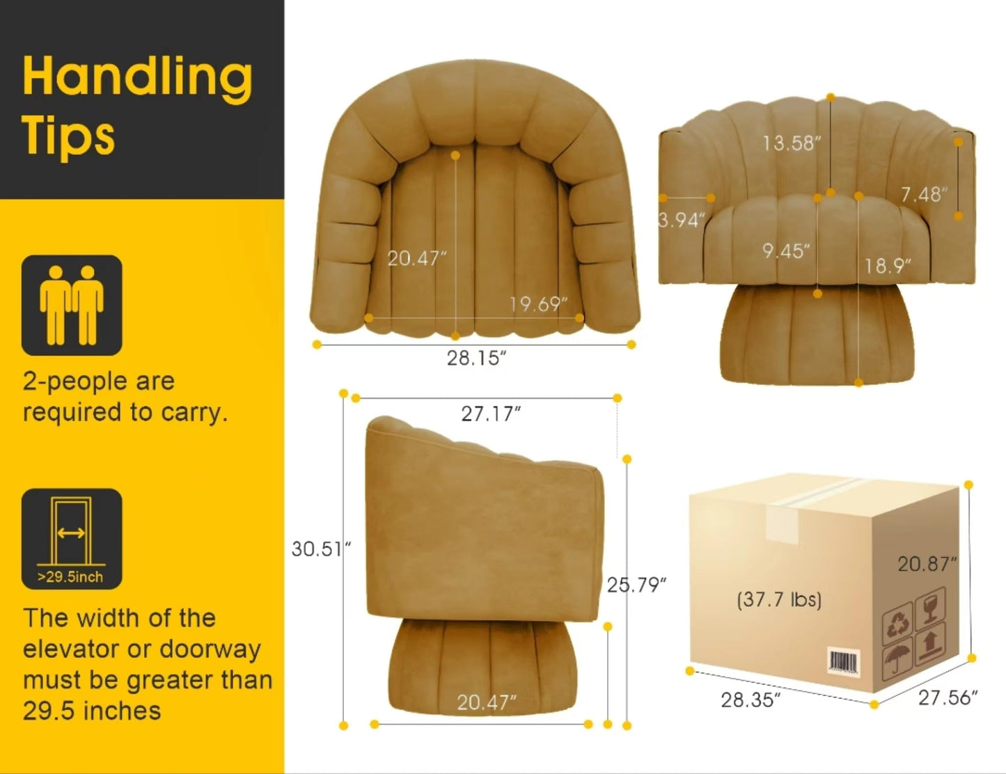 Dewhut Swivel Accent Chair, 360° Swivel Barrel Chair with Armrest, Faux Leather Upholstered Single Sofa Reading Chair for Living Room,Bedroom,Waiting Room(Mustard)