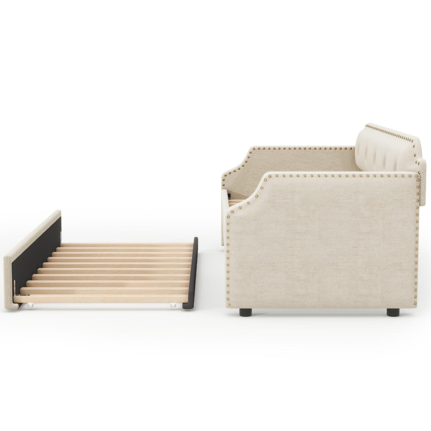 Merax Upholstered Daybed with Trundle, Wood Slat Support,Upholstered Frame Sofa Bed, Twin, Beige