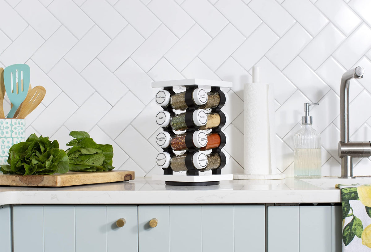 Orii 16 Jar Rotating White Spice Rack with Spices Included & 5-Year Spice Refill Program – Compact Countertop Spice Rack with Glass Jars