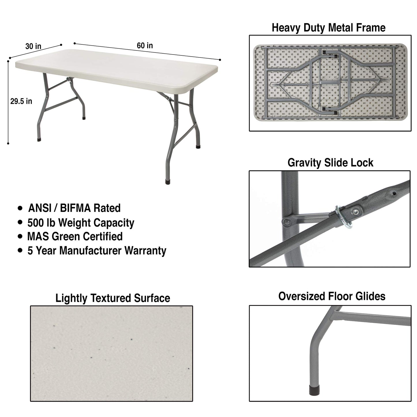 OEF Furnishings 5 Foot Heavy Duty Folding Table, 30" x 60", Light Grey & Lifetime 80160 Commercial Height Adjustable Folding Utility Table, 4 Feet, White Granite