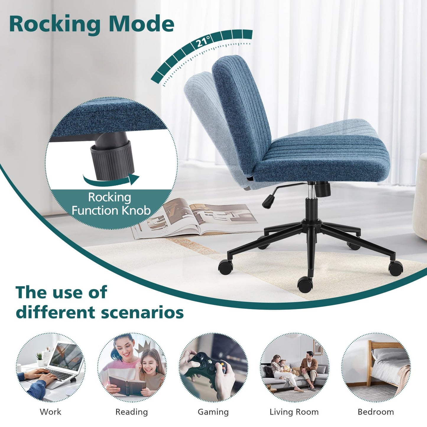 OLIXIS Criss Cross Chair with Wheels Wide Cross Legged Office Desk Vanity Chair Comfy Fabric Armless Height Adjustable Swivel for Home Computer Task Blue