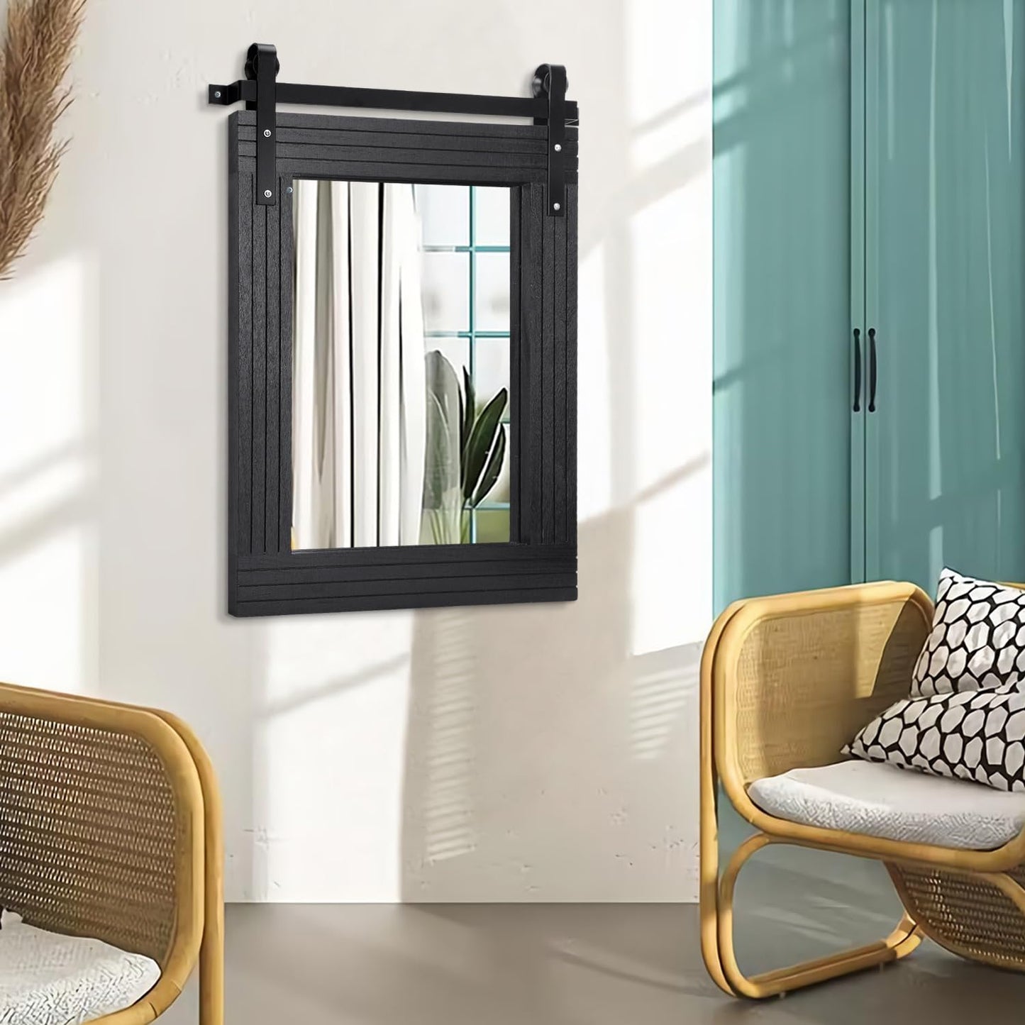 AAZZKANG Black Mirror Large 26"x18" Barn Door Rustic Mirror with Wood Frame Rectangle Decorative Bathroom Bedroom Farmhouse Mirror Wall Decor