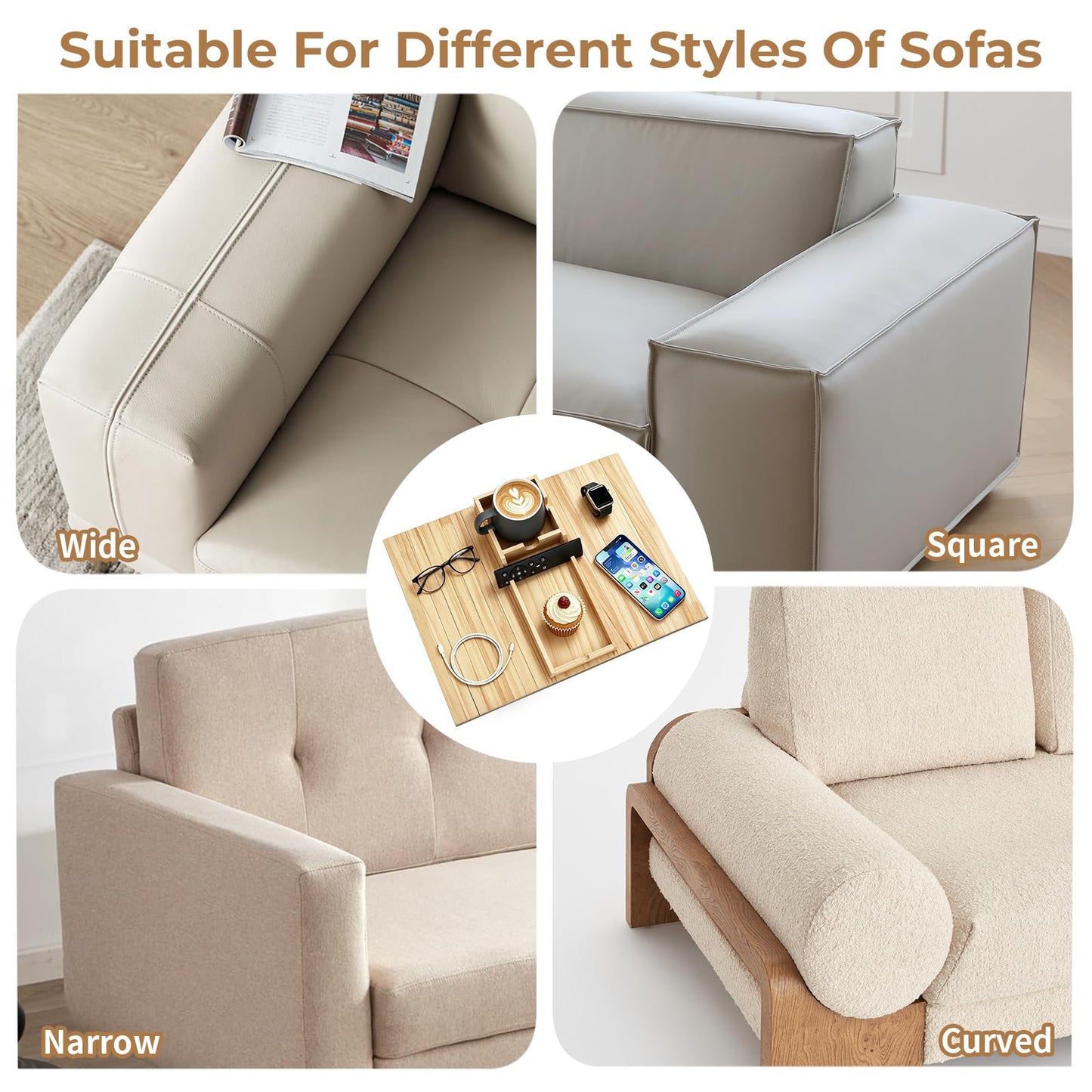 Bamboo Wood Sofa Armrest Tray, Couch Arm Tray with Detachable Couch Cup Holder, 2 in 1 Anti-Slip Foldable Sofa Armchair Caddy Table for Tea TV Remote Cellphone Snacks