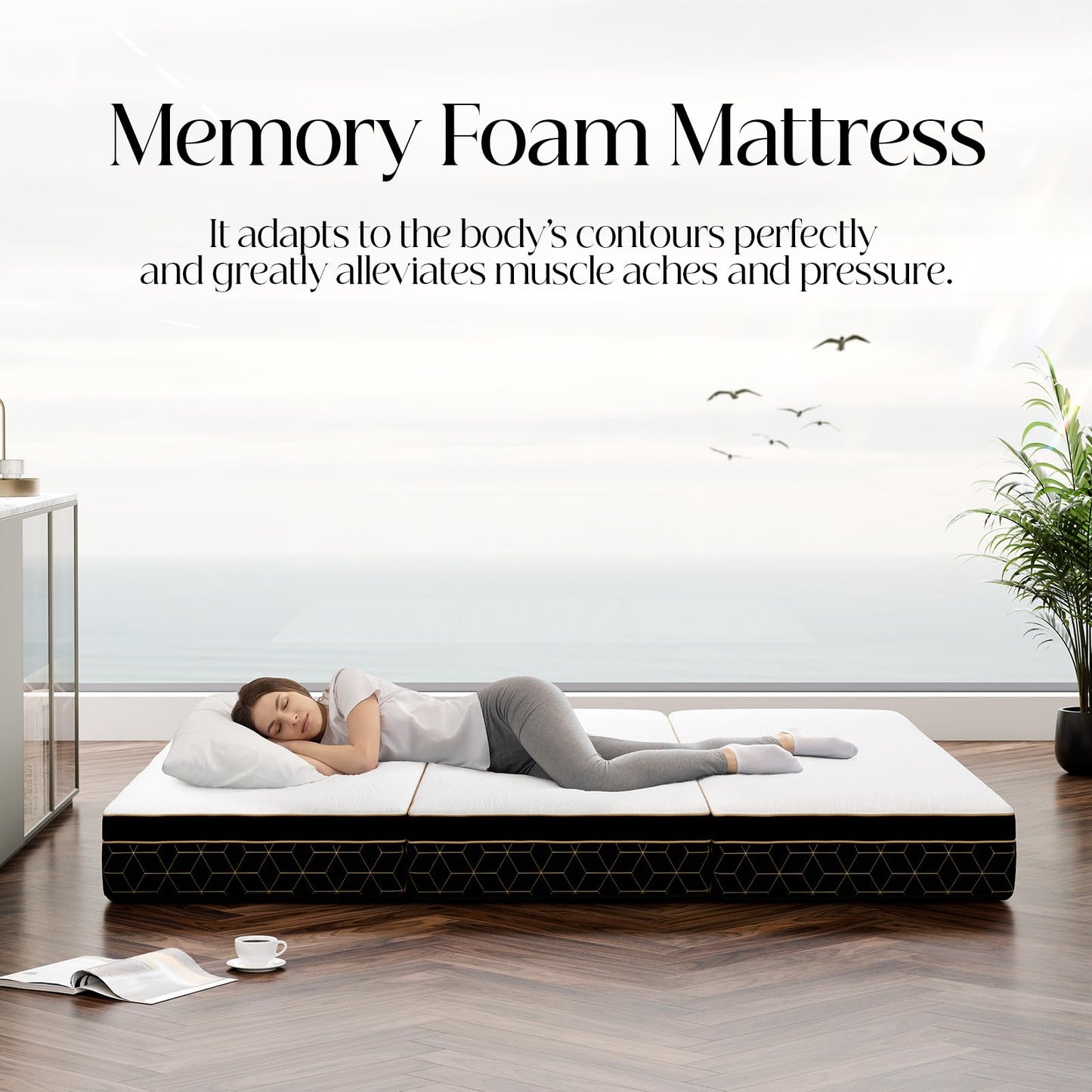 GEMBED Tri-Fold Memory Foam Mattress Twin - 4 Inch Portable Folding Sofa Bed with Handle & Washable Cover, Floor Sofa Bed with Non-Slip Base, Space-Saving for Room, Travel, Guest Bed, RV, 75"x38"x4"