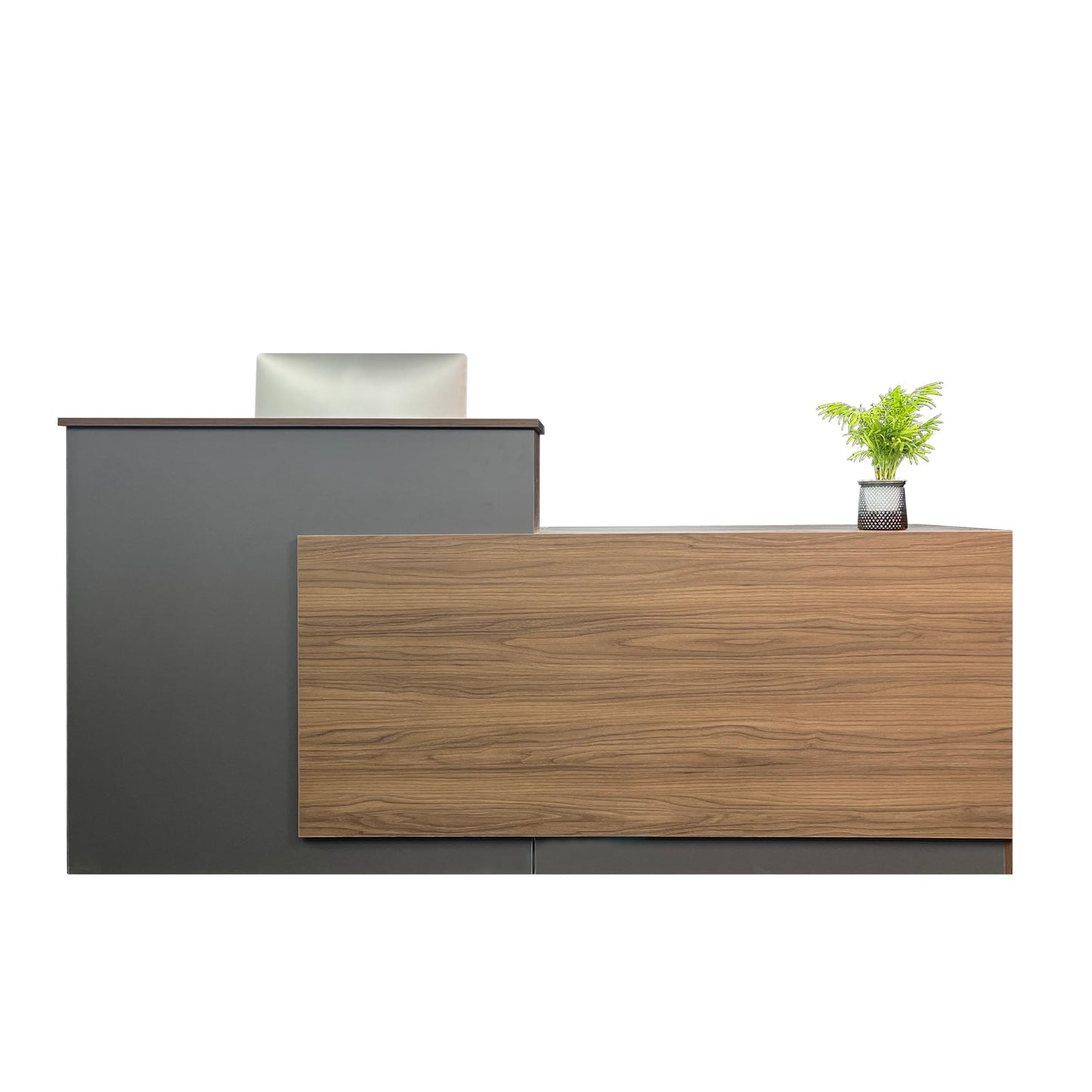 JYUREO L-Shaped Reception Desk with Counter and Lockable Drawers and Storage,Modern Front Desk Reception Counter for Checkout, Lobby, Beauty Salon (R-Walnut & Graphite Finish, 78.74inx39.4inx39.4in)