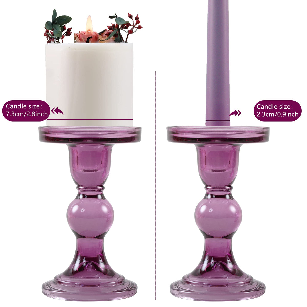 GMWD 3 Pcs Glass Candle Holder Set Clear, Purple Candlesticks Holders Pillar Taper Candles Tealight Stand for Wedding Centerpieces Home Decorations Dining Table