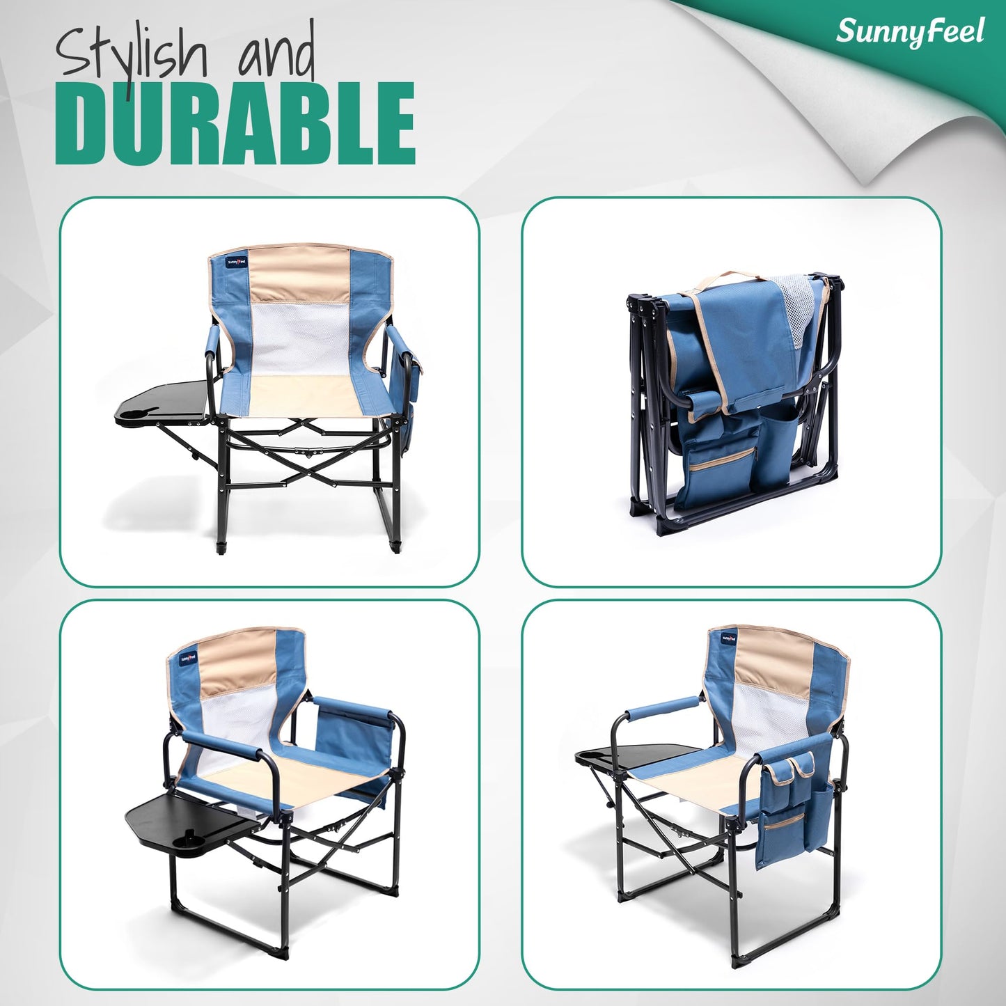 SUNNYFEEL Oversized Camping Directors Chair, Portable Folding Lawn Chairs for Adults Heavy Duty with Side Table,Pocket for Beach, Fishing,Picnic,Concert,Tailgating, Outdoor Foldable Camp Chair