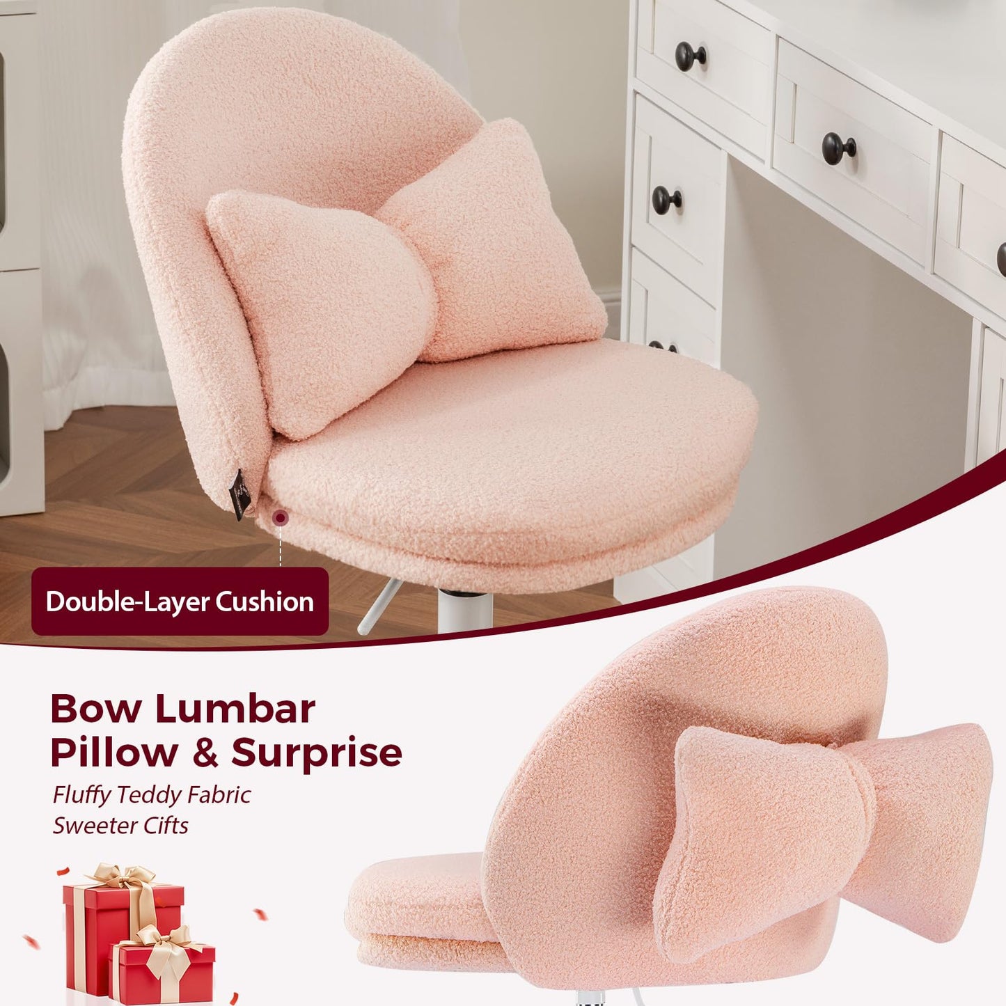 GTPLAYER Velvet Tall Office Chair with Wheels Vanity Chairs with Back, Versatile Height Use: Office to Bar Stools Small Ergonomic Comfy Armlees Computer Desk Chair with Bow Lumbar Pillow for Gift