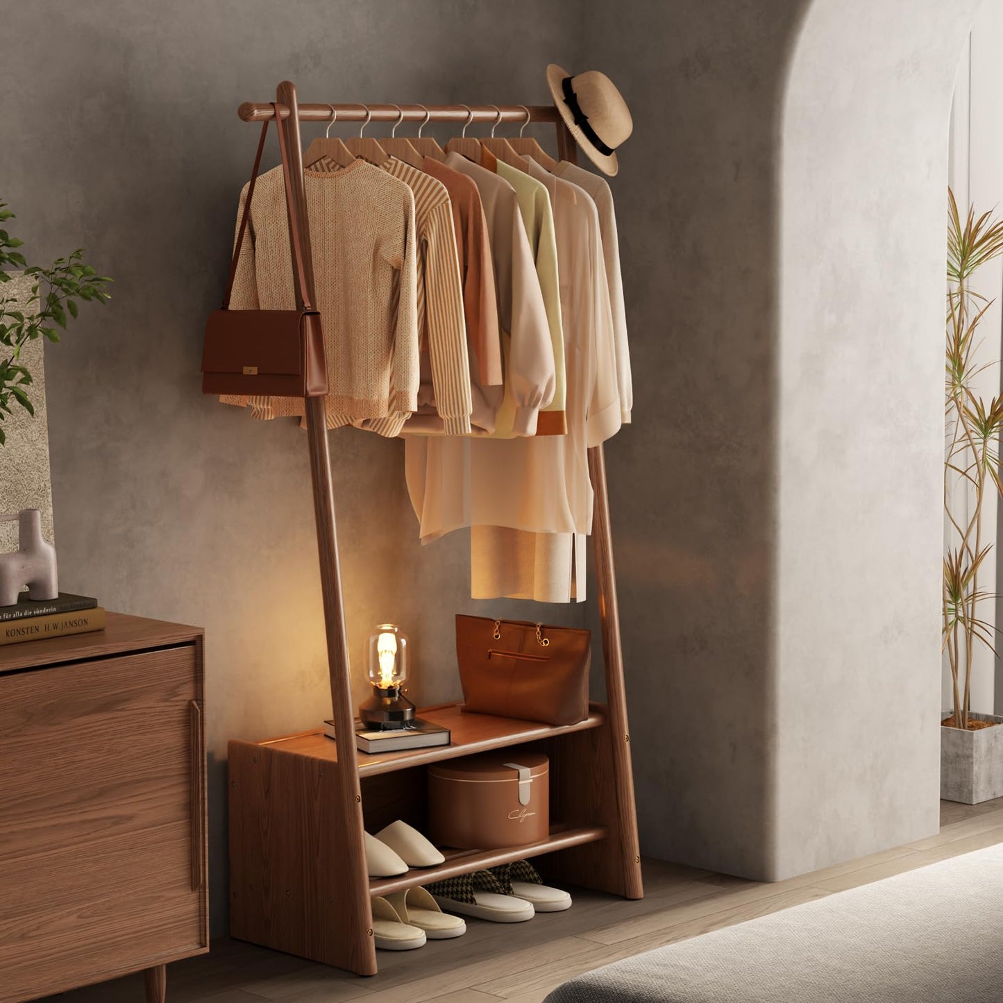 DONGMUWUJEE Solid Wood Clothing Rack with Shelves, Clothes Racks for Hanging Clothes, Hanging Rack with Shoe Storage, Heavy Duty Garment Rack for Bedroom, Entryway, Living Room, Walnut