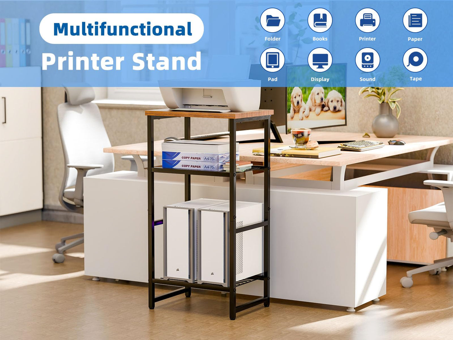 MWQ Industrial 3 Tier Printer Stand, Home Printer Wood Table with Wire Storage Shelf for Scanner Fax Machine, Heavy Duty Metal, Rustic Brown with Burly Wood Board