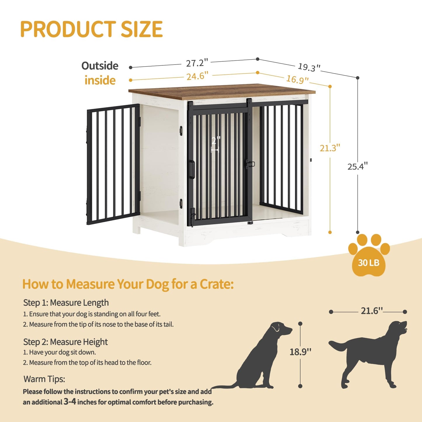 Hzuaneri 27.2" Dog Crate Furniture with Barn Door, Heavy Duty Dog Kennel Indoor with 2 Doors, Wooden Pet Cage End Table for Small Medium Dogs up to 22 lb, Anti-Chew Anti-Escape, White Brown DFC84314B