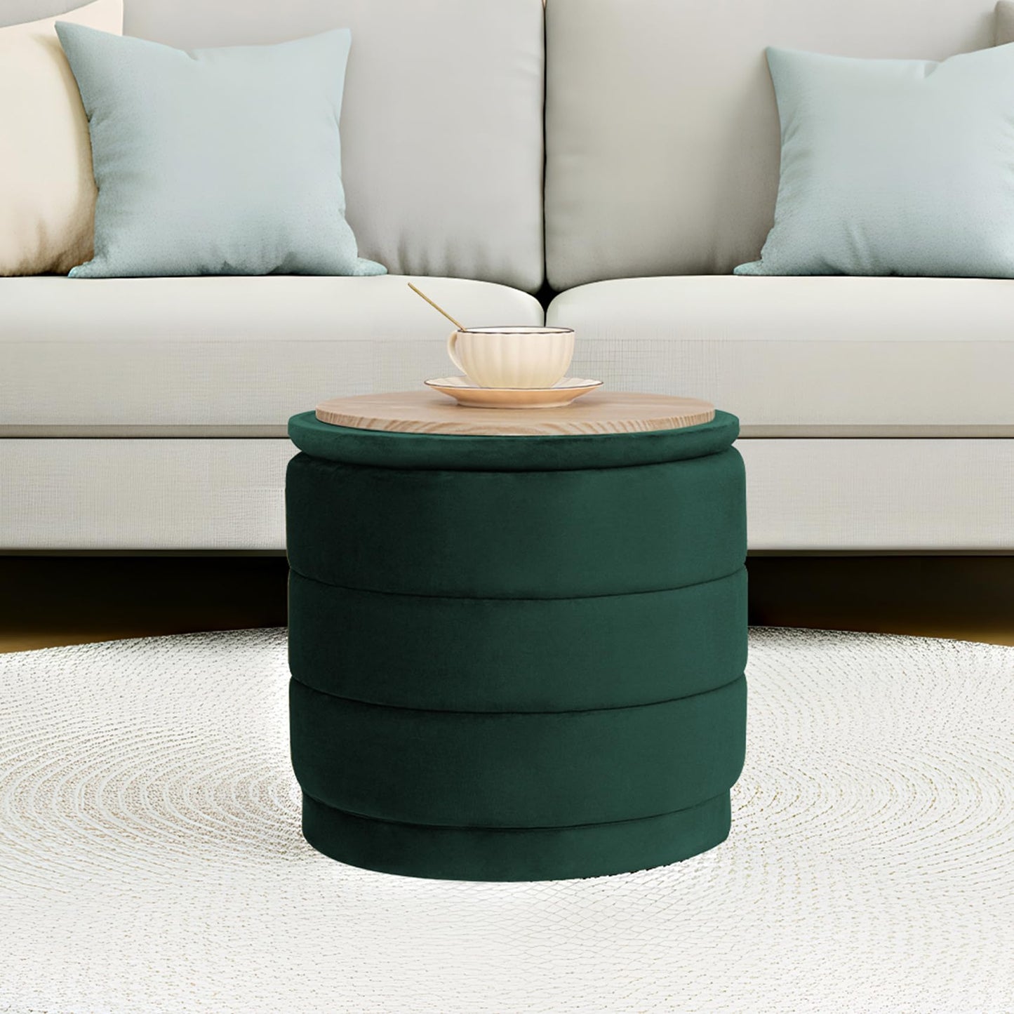 ZOLANOful 15.4" Round Velvet Storage Ottoman with Reversible Lid, Upholstered Circular Ottoman Footrest with Hidden Storage, Foldable Padded Footstool for Dorm Living Room & Bedroom, Bottle Green