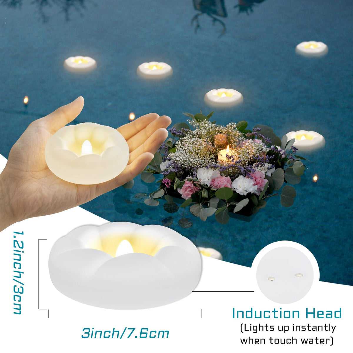 12PACK Flameless LED Floating Candles, 3'' Battery Operated Plastic Flickering Waterproof Tealights for Cylinder Vases, Centerpieces at Wedding, Party, Pool, Holiday (Warm White)