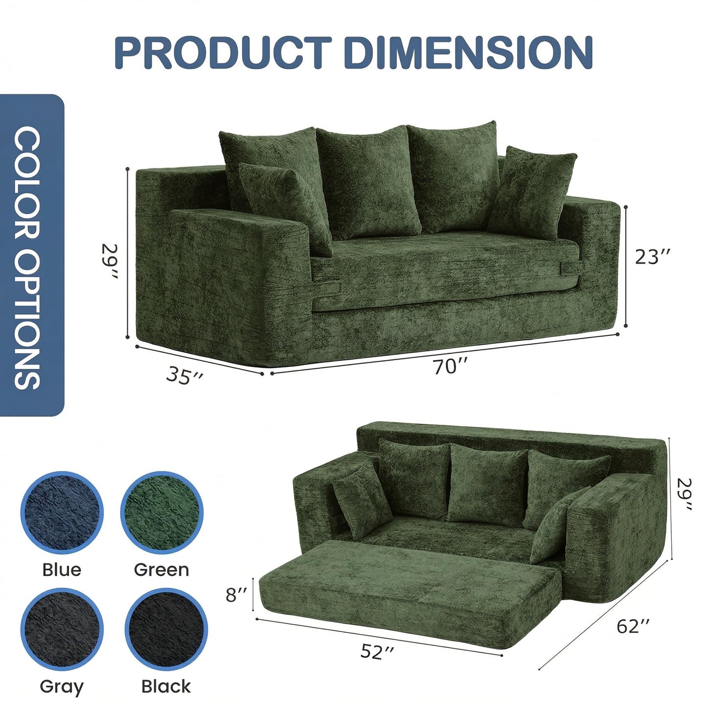 Winzoo Boneless Couches 70", 3 Seater Boneless Couch with Pull Out Sofa Bed, Boneless Couch Bed with 5 Pillows Green, Plush Velvet Sofa for Living Room & Bedroom
