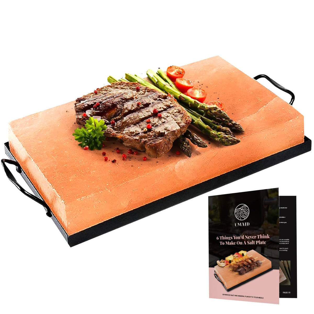 UMAID Himalayan Salt Block Cooking Plate 12x8x1.5 – Food Grade Pink Himalayan Salt Stone for Cooking, Grilling, Serving & Cutting – Includes Steel Tray & Grilling Recipe Booklet – Unique Gifts for Men & Dad Gifts for Fathers Day