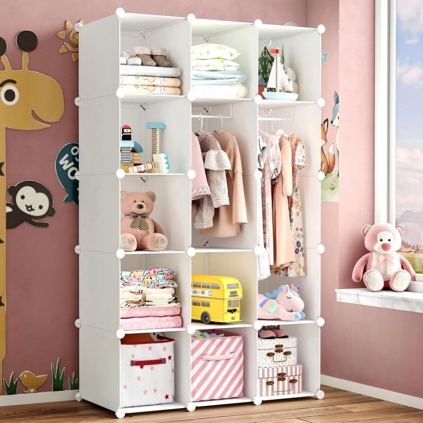 deijiner Modular Baby Wardrobe Closet, Portable Children Organizers and Storage for Nursery,15 Cubes with Hanging Rods,Multi-Functional Kids Storage Shelf-Bedroom Clothes Armoire (Boys & Girls)