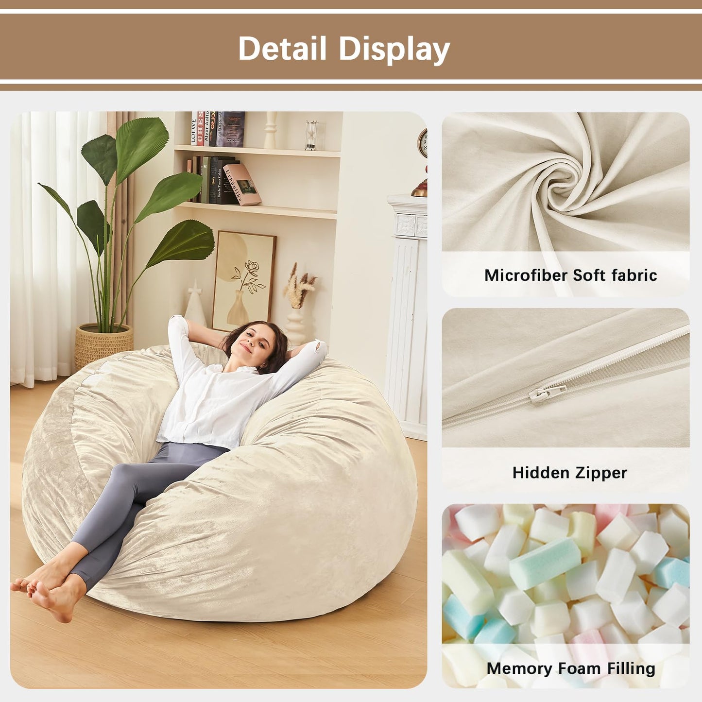 ILPEOD Bean Bag Chairs for Adults - Memory Foam Furniture BeanBag Chair - Kids/Teens Sofa with Soft Micro Fiber Cover - Round Fluffy Couch for Living Room Bedroom College Dorm - 3 ft, Ivory