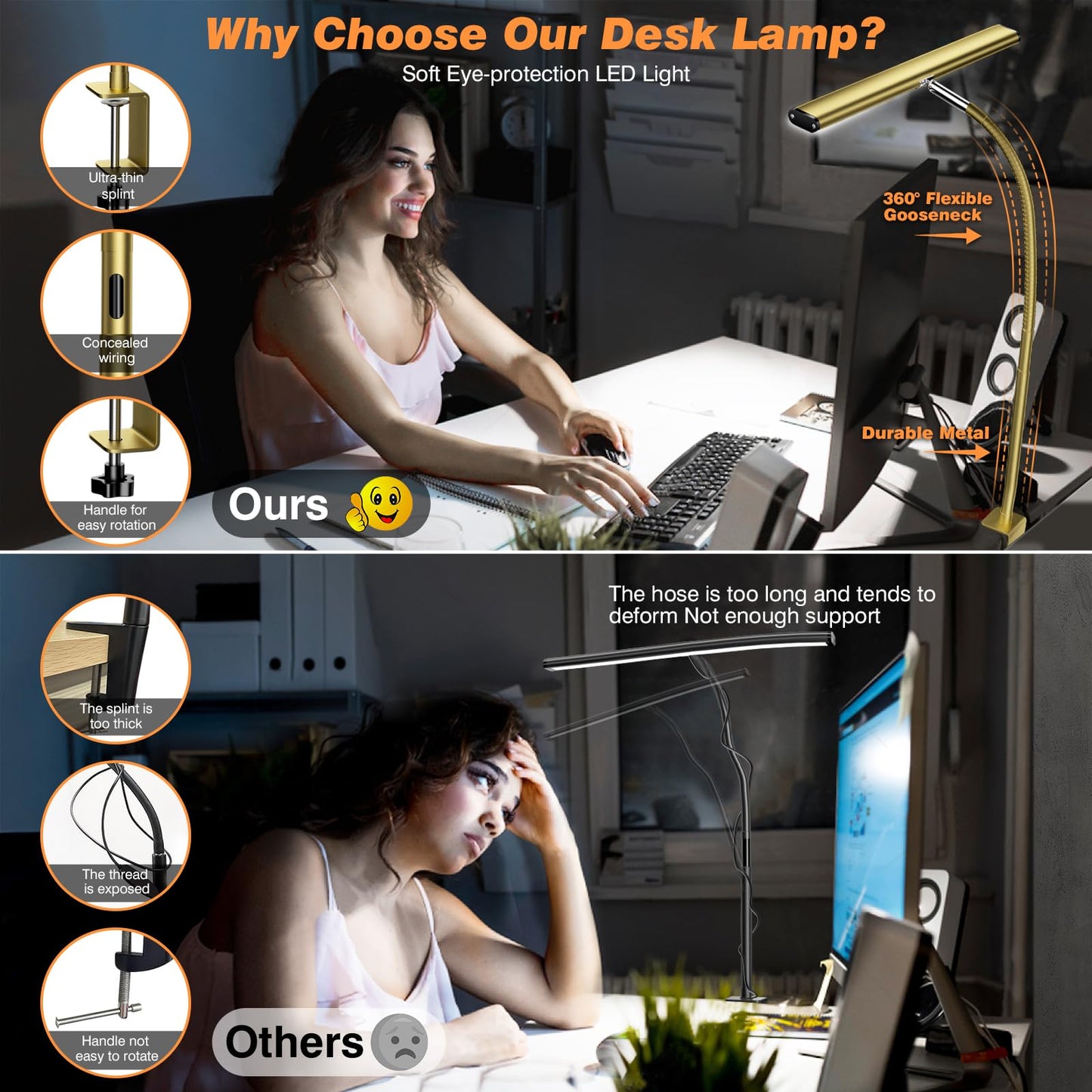 Airlonv LED Desk Lamp for Office Home, Eye-Caring Desk Light with Stepless Dimming Adjustable Flexible Gooseneck, 10W USB Adapter Desk Lamp with Clamp for Reading, Study, Workbench (Gold)