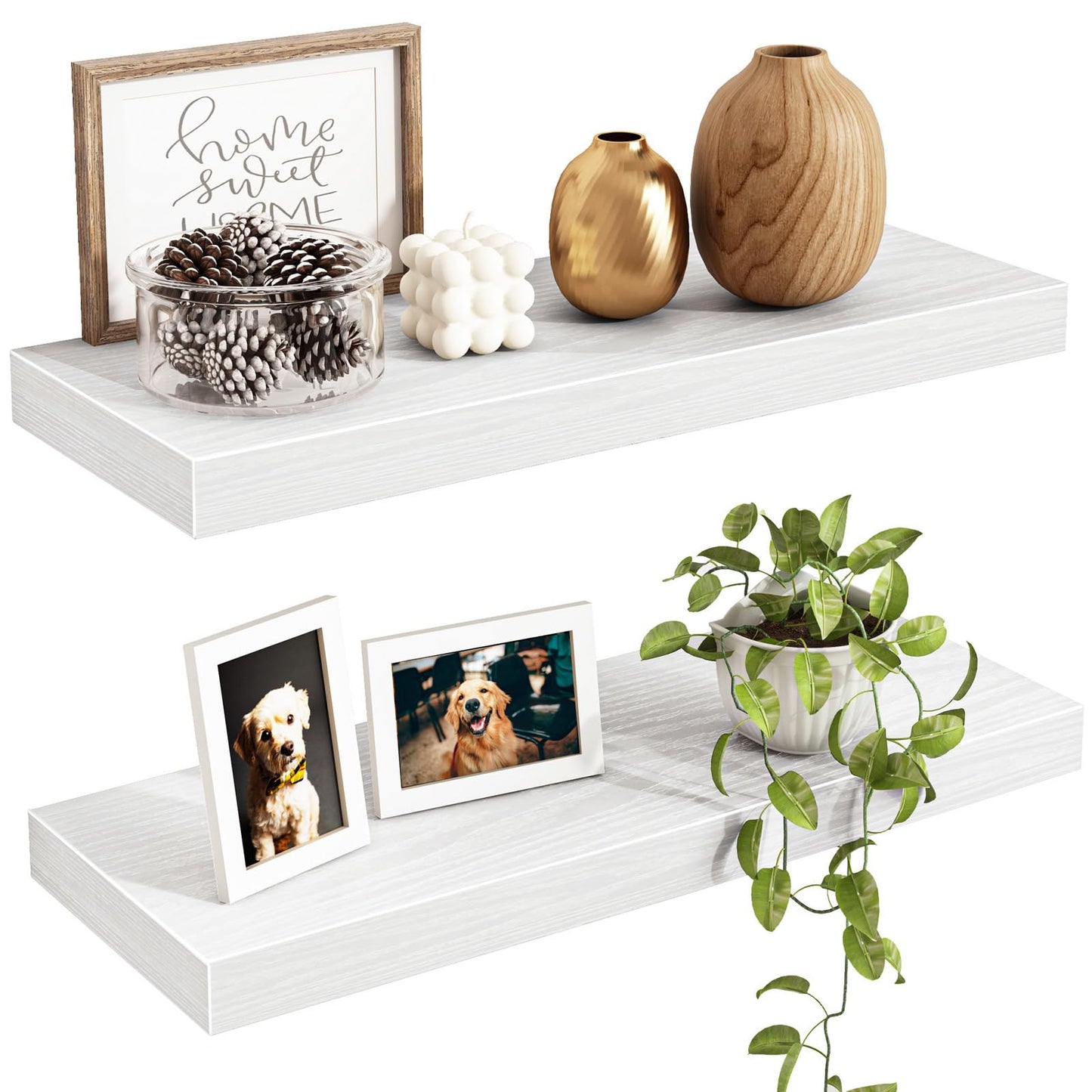 Fixwal Floating Shelves for Wall, 15.7" Wood Wall Mounted Shelves for Living Room, Bedroom, Bathroom and Kitchen, for Storage, Books, Room Decor (White, Set of 2)
