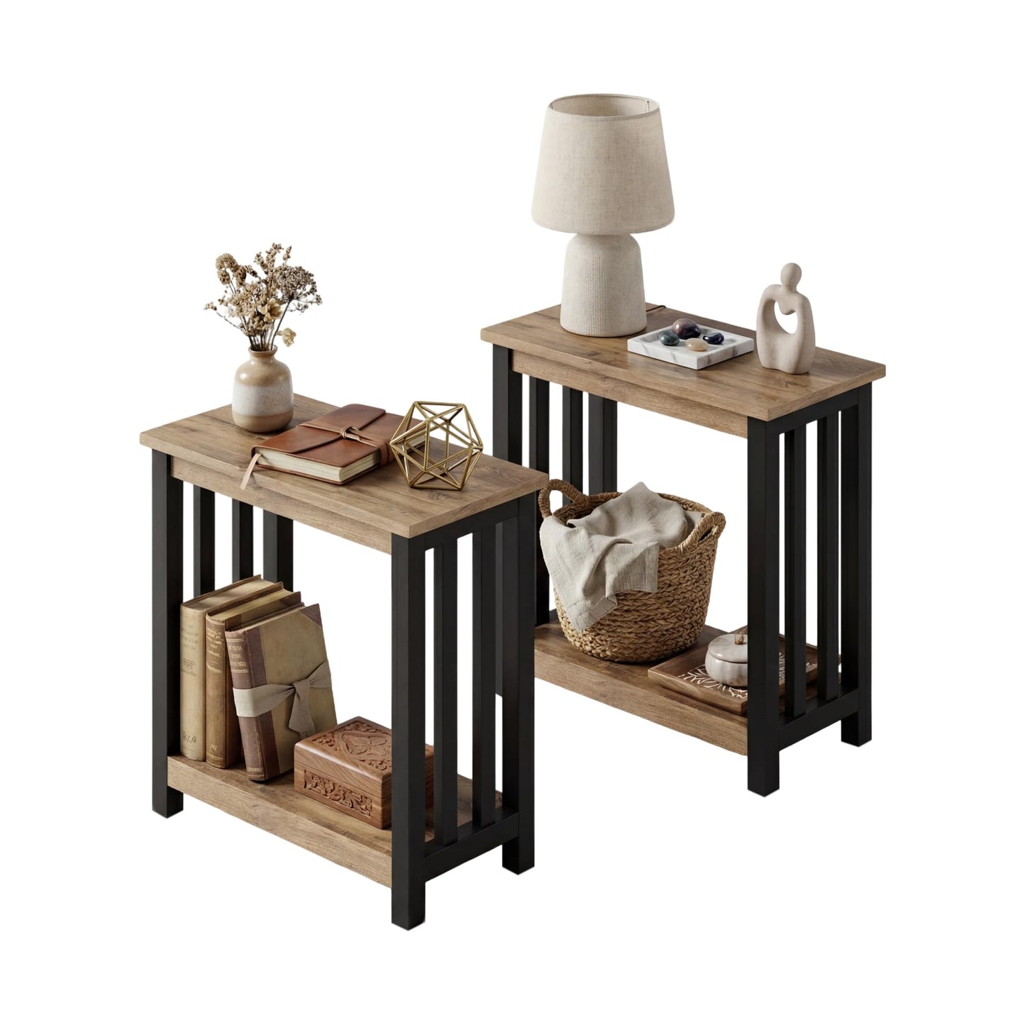 ChooChoo Mission End Tables Set of 2, Narrow Side Tables for Small Spaces, Night Stands with Storage Shelf for Living Room and Bedroom, Rustic Oak & Black