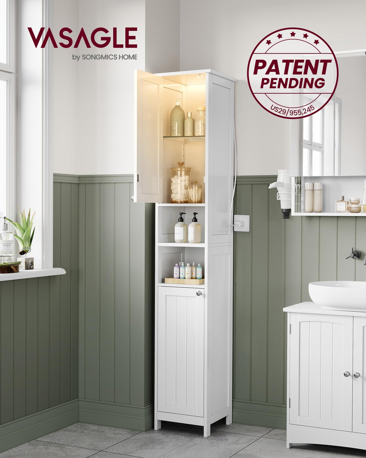 VASAGLE Tall Storage Cabinet with Lights, Slim Freestanding Cabinet with Adjustable Shelves, for Small Spaces, Bathroom, Living Room, Modern, 11.8 Inches Wide, Cloud White UBBC566W02V1