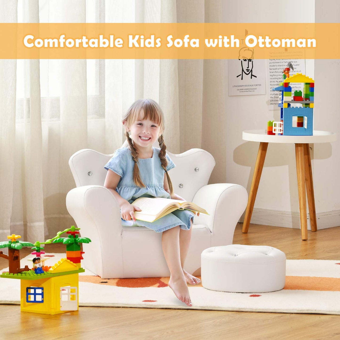 Costzon Kids Sofa, Children Upholstered Sofa with Ottoman, Princess Sofa with Diamond Decoration, Ottoman, Smooth PVC Leather Toddler Chair, Kids Couch for Preschool Boys and Girls Gift (White)