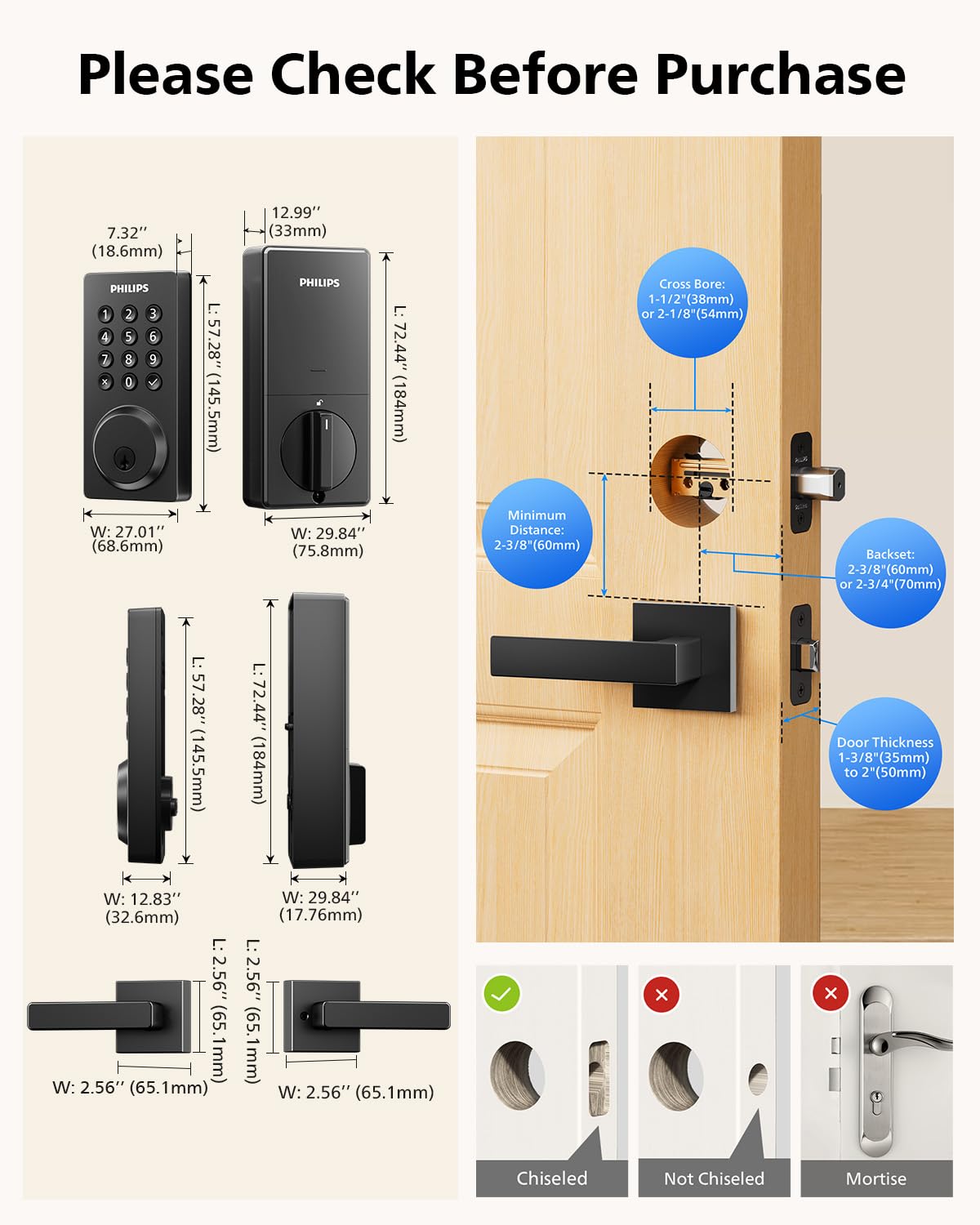 Philips WiFi Smart Door Lock with Handle, Built-in WiFi App Remote Control, Keyless Entry Door Locks for Front Door, Smart Deadbolt Auto Lock, Support Alexa & Google, IP54 Waterproof, Matte Black