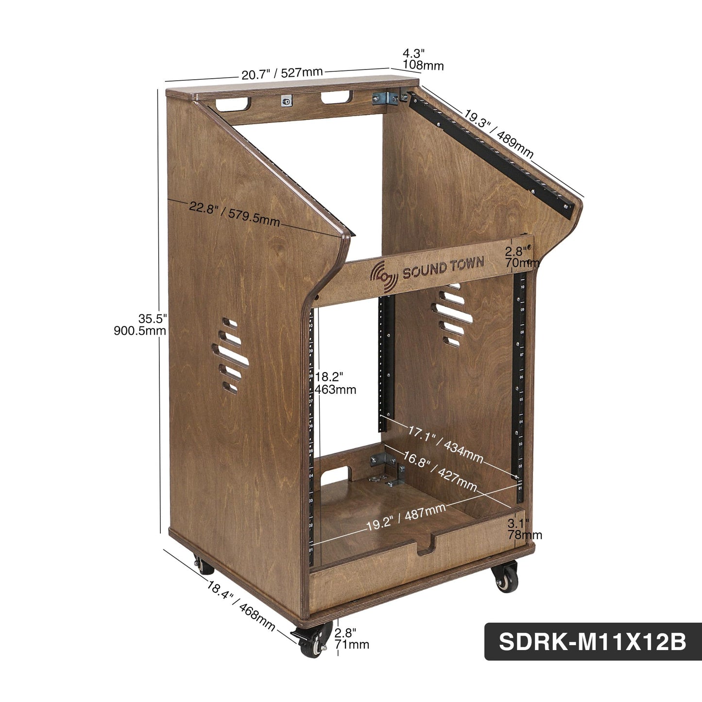 Sound Town DIY Studio Rack with 11U Slant Mixer Top, 10U Front Rack, 2U Bottom Storage, Casters, Rubber Feet, Baltic Plywood, Weathered Brown (SDRK-M11X12B)