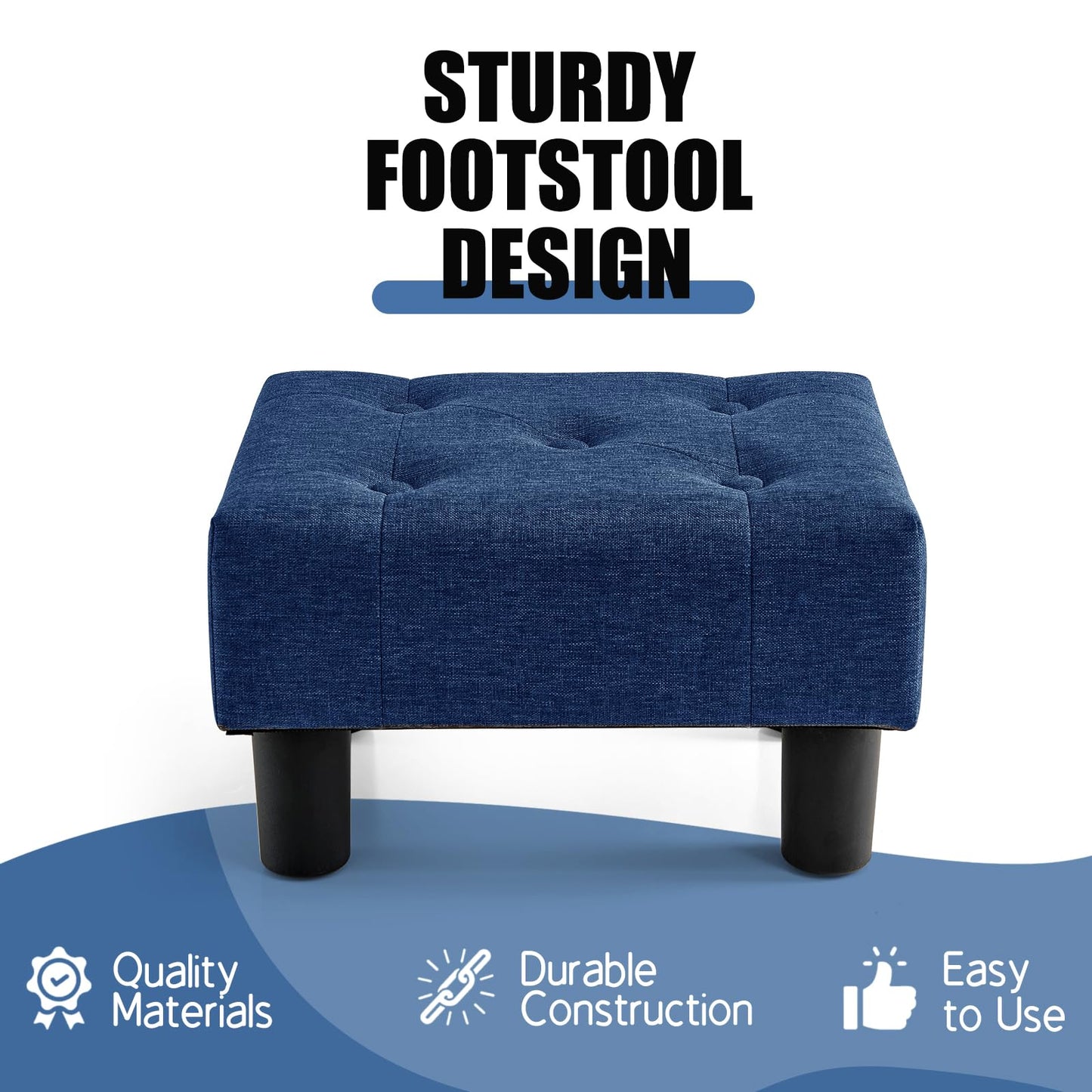 BRIAN & DANY Small Foot Stool, Linen Foot Stools with Legs, Stable Small Footstool for Living Room, Blue
